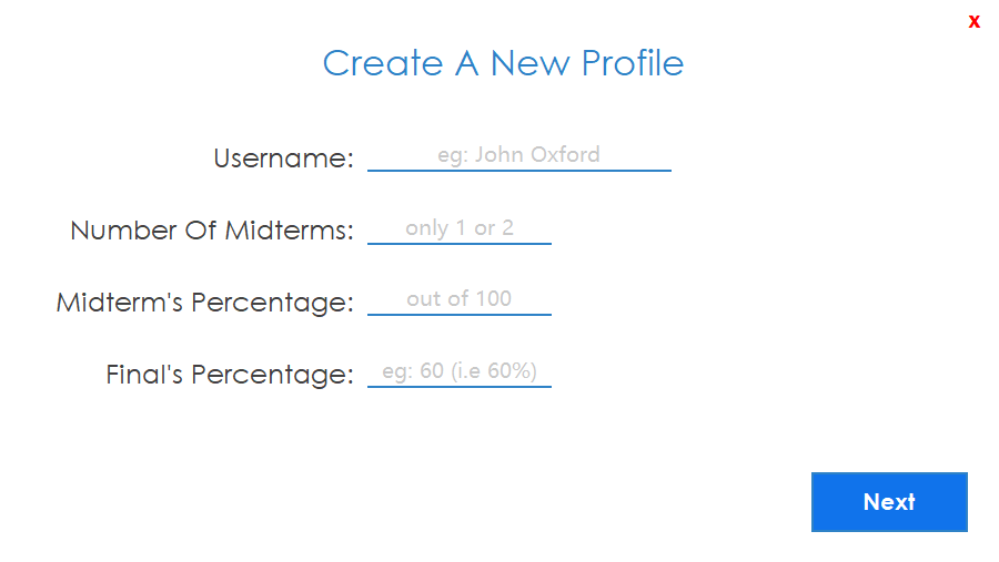 Profile creation window screenshot